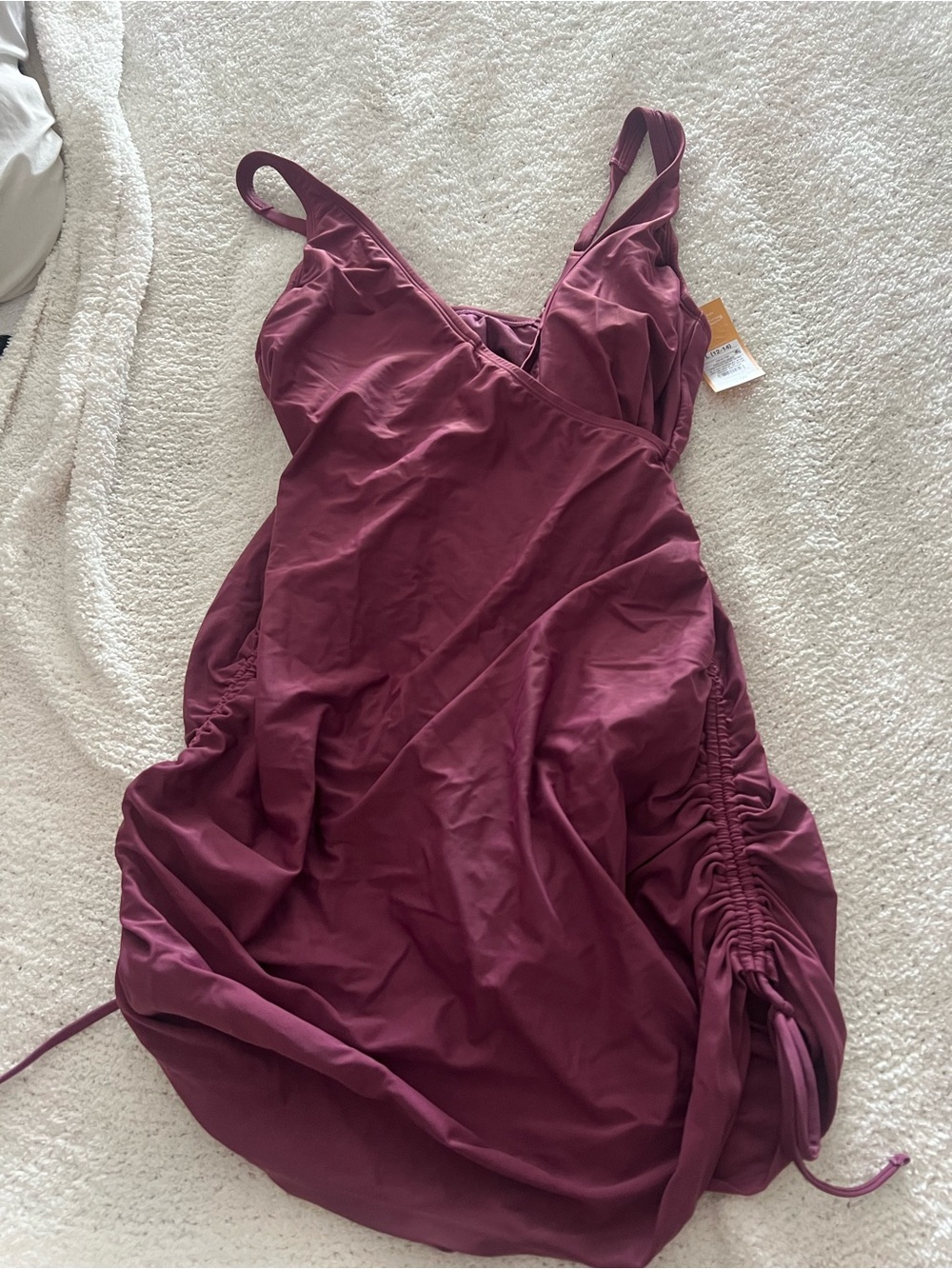 Kona Sol Ruched One-Piece Swimsuit in purple with built in coverup